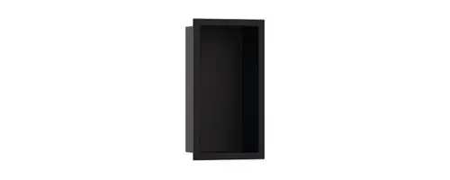 Schwarze Wandnische von Hansgrohe mit rechteckigem Rahmen, die auf eine Montage an der Wand ausgelegt ist. Sie bietet einen Platz für diverse Objekte.